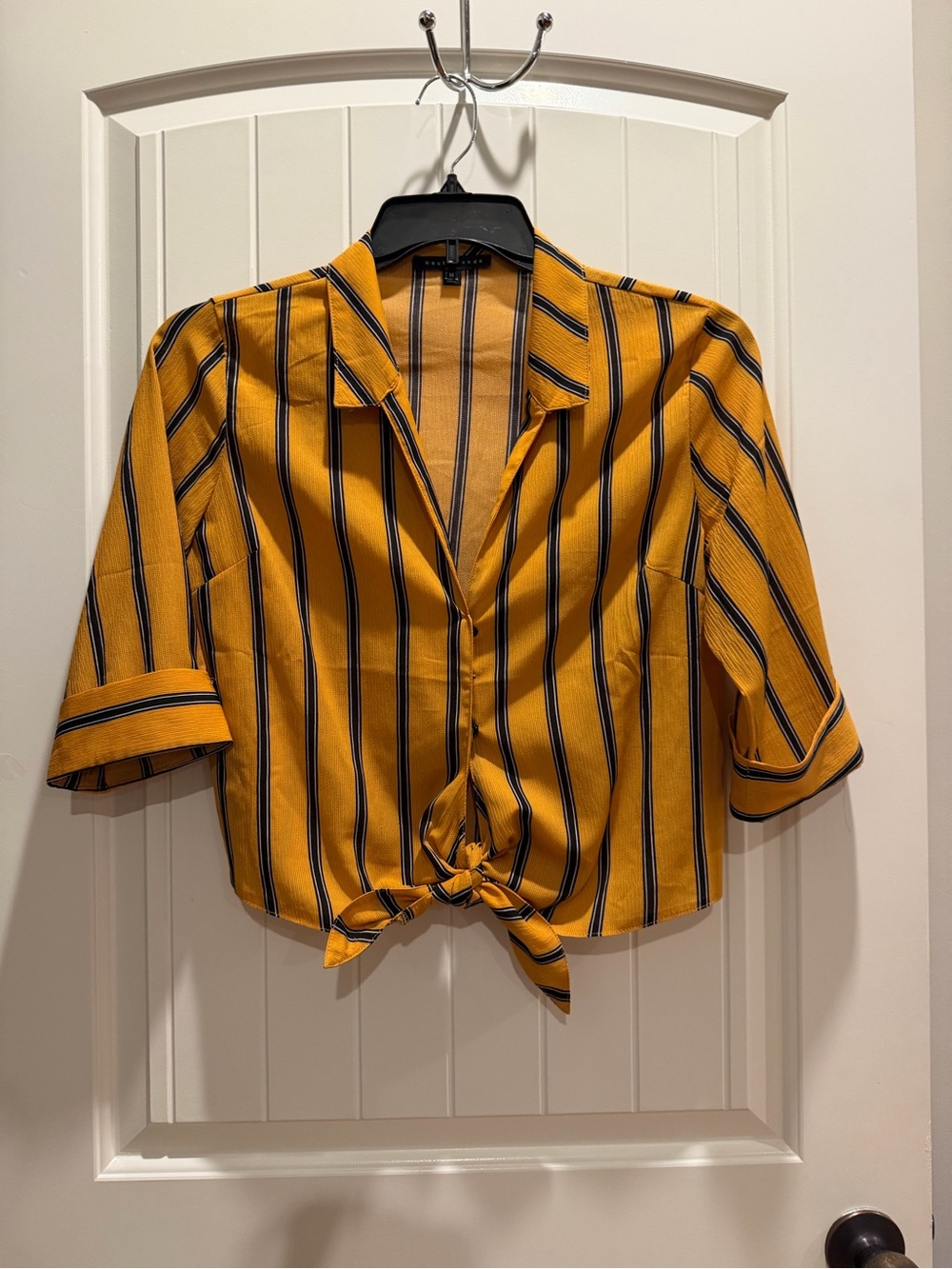 Haute Monde Yellow Striped Tie-Front Button Down Shirt